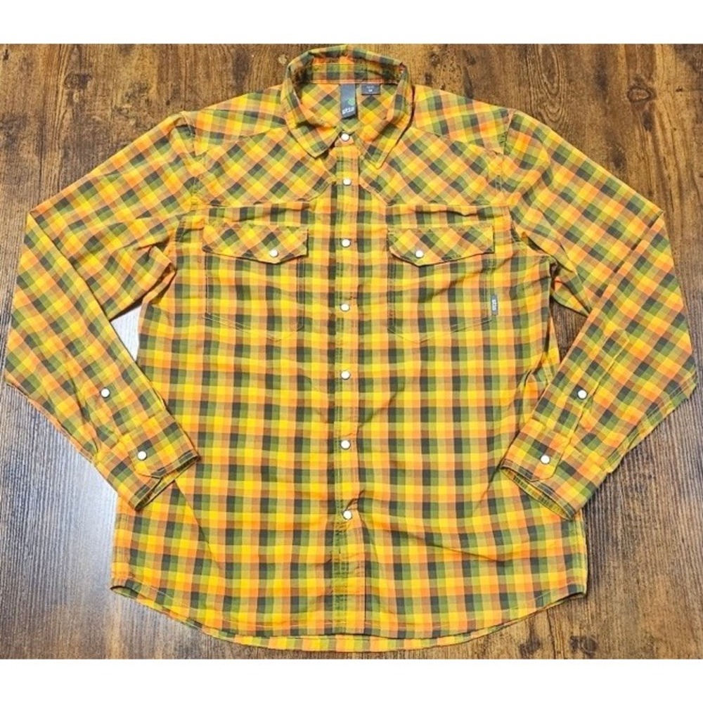 Stio Snap Buttonn Shirt Mens Medium Yellow Multi Plaid Lightweight